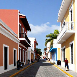 Caribbean Holidays, Puerto Rico Fly Drive, Colourful colonial buildings and cobbled streets in Old San Juan, Puerto Rico, with balconies, palm trees and people exploring