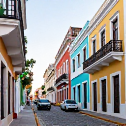 Caribbean Holidays, Puerto Rico Fly Drive, Colourful colonial buildings and cobbled streets in Old San Juan, Puerto Rico, with festive decorations and people enjoying the afternoon