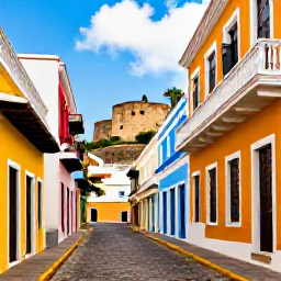 Caribbean Holidays, Puerto Rico Fly Drive, Colourful colonial buildings and cobbled streets in Old San Juan, Puerto Rico, with historic forts and palm trees