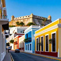 Caribbean Holidays, Puerto Rico Fly Drive, Colourful colonial streets and historic fortifications in Old San Juan, Puerto Rico, under warm sunshine