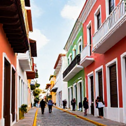 Caribbean Holidays, Puerto Rico Fly Drive, Colourful Old San Juan street in February, with Spanish colonial buildings, balconies, cobbled paving and visitors exploring in warm daylight