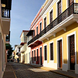 Caribbean Holidays, Puerto Rico Fly Drive, Colourful Old San Juan street with Spanish colonial buildings, balconies and cobbled paving in bright morning light