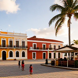 Caribbean Holidays, Puerto Rico Fly Drive, Colourful Puerto Rican town square with local families, palm trees, historic buildings and a small caf&eacute; in warm February sunshine