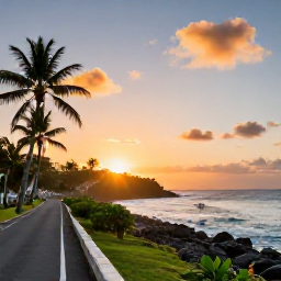 Caribbean Holidays, Puerto Rico Fly Drive, Dramatic Puerto Rico coastline near Rinc&oacute;n at sunset, with a road, palm trees, rocky shore and surfers in the distance