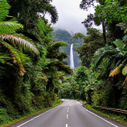 Caribbean Holidays, Puerto Rico Fly Drive, El Yunque rainforest in Puerto Rico with a winding road, lush foliage, a waterfall and misty green mountains
