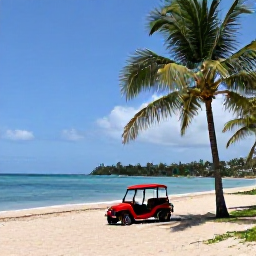 Caribbean Holidays, Puerto Rico Fly Drive, Golden Caribbean beach near Rincon with palm trees, calm turquoise water and a small hire car parked nearby