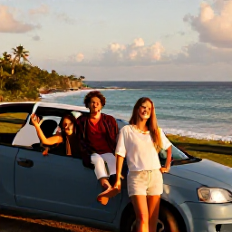 Caribbean Holidays, Puerto Rico Fly Drive, Happy travellers beside a rental car overlooking a Puerto Rican coastal landscape at golden hour
