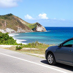 Caribbean Holidays, Puerto Rico Fly Drive, Puerto Rican road trip scene with a car parked beside a coastal viewpoint, bright blue sea and tropical hills