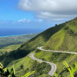 Caribbean Holidays, Puerto Rico Fly Drive, Puerto Rican road trip viewpoint overlooking green mountains, a winding road and distant Caribbean coastline
