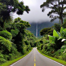 Caribbean Holidays, Puerto Rico Fly Drive, Puerto Rico rainforest road through El Yunque with lush vegetation, misty mountains and a small waterfall
