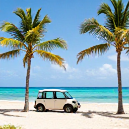 Caribbean Holidays, Puerto Rico Fly Drive, Quiet Puerto Rican beach with turquoise water, pale sand, palm trees and a small hire car parked nearby