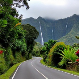 Caribbean Holidays, Puerto Rico Fly Drive, Rainforest road winding through El Yunque National Forest in Puerto Rico, with waterfalls, tropical plants and misty green mountains