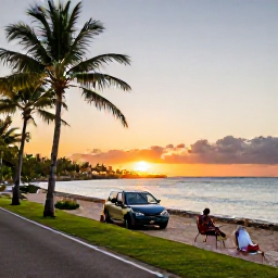 Caribbean Holidays, Puerto Rico Fly Drive, Travellers relaxing beside a calm Caribbean beach in Puerto Rico at sunset, with a hire car parked near a palm-lined road