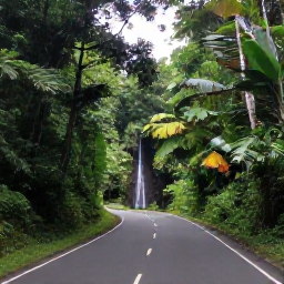 Caribbean Holidays, Puerto Rico Fly Drive, Tropical El Yunque rainforest in Puerto Rico with a forest road, lush foliage and a small waterfall