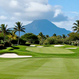 Caribbean Holidays, Puerto Rico Golf, A championship golf resort in Puerto Rico with manicured greens, tropical planting and distant blue mountains