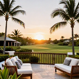 Caribbean Holidays, Puerto Rico Golf, A comfortable Puerto Rico hotel near a golf course at sunset, with palm-lined gardens and a welcoming outdoor terrace