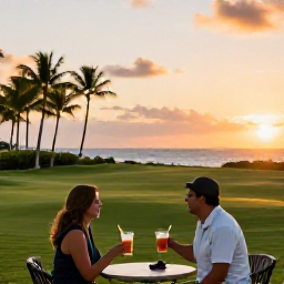 Caribbean Holidays, Puerto Rico Golf, A couple enjoying sunset drinks at a Puerto Rico beachfront resort after a day of golf, with palm trees and a calm sea
