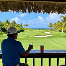 Caribbean Holidays, Puerto Rico Golf, A golfer enjoying a shaded terrace after a round in Puerto Rico, with cold drinks, palm trees and a bright Caribbean landscape