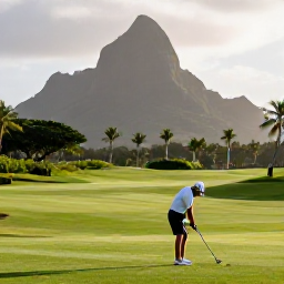 Caribbean Holidays, Puerto Rico Golf, A golfer preparing for an early morning tee time on a lush Puerto Rico course, with mountains and tropical vegetation in the background