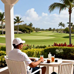 Caribbean Holidays, Puerto Rico Golf, A golfer relaxing at a Puerto Rico clubhouse terrace after a round, with tropical gardens, refreshments and a view of the course