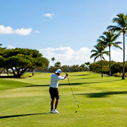 Caribbean Holidays, Puerto Rico Golf, A golfer teeing off on a lush Puerto Rico golf course in warm December sunshine, with palm trees and blue Caribbean sky