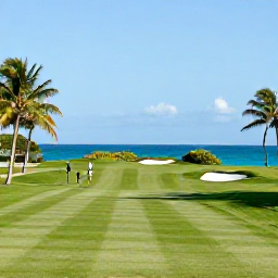 Caribbean Holidays, Puerto Rico Golf, A lush Puerto Rico golf course beside the Caribbean Sea in bright May sunshine, palm trees and golfers on the fairway