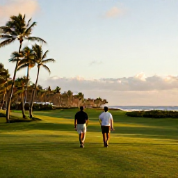 Caribbean Holidays, Puerto Rico Golf, A relaxed Puerto Rico holiday scene with golfers walking towards a palm-fringed beach after playing golf, warm evening light and Caribbean scenery