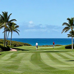 Caribbean Holidays, Puerto Rico Golf, A scenic Puerto Rico golf course beside the Caribbean Sea in July sunshine, with palm trees and golfers on the fairway