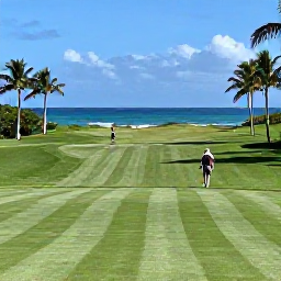 Caribbean Holidays, Puerto Rico Golf, A scenic Puerto Rico golf course beside the ocean, with manicured fairways, palm trees and golfers walking in bright winter sunshine