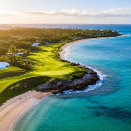 Caribbean Holidays, Puerto Rico Golf, Aerial coastal view of Puerto Rico with a green golf course beside turquoise Caribbean water in warm February sunshine