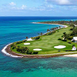 Caribbean Holidays, Puerto Rico Golf, Aerial coastal view of Puerto Rico with a manicured golf course beside turquoise Caribbean water