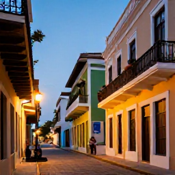 Caribbean Holidays, Puerto Rico Golf, Colourful Old San Juan street with colonial buildings, balconies and visitors enjoying a warm August evening
