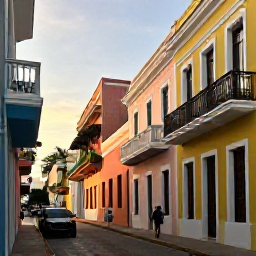Caribbean Holidays, Puerto Rico Golf, Colourful Old San Juan street with Spanish colonial buildings, balconies and visitors exploring in warm evening light