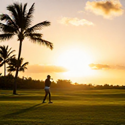 Caribbean Holidays, Puerto Rico Golf, Golfer enjoying sunset over a Puerto Rican fairway with palm silhouettes and warm golden light