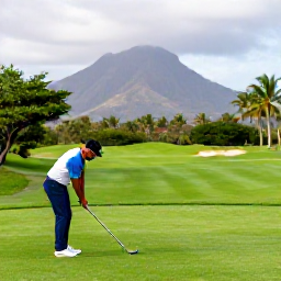 Caribbean Holidays, Puerto Rico Golf, Golfer preparing to tee off on a lush tropical Puerto Rico golf course with mountains in the distance