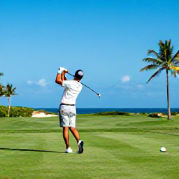 Caribbean Holidays, Puerto Rico Golf, Golfer teeing off on a lush Puerto Rican course with palm trees and ocean views