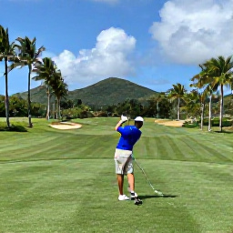 Caribbean Holidays, Puerto Rico Golf, Golfer teeing off on a lush Puerto Rican fairway with palm trees, hills and blue sky in the background