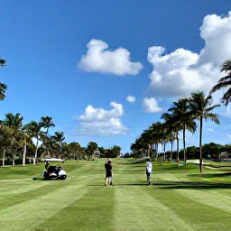 Caribbean Holidays, Puerto Rico Golf, Golfers enjoying a sunny round on a Puerto Rico fairway, with a golf buggy, palm trees and blue sky