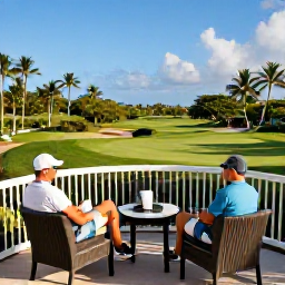Caribbean Holidays, Puerto Rico Golf, Golfers relaxing at a Puerto Rico clubhouse terrace after a round, overlooking green fairways and tropical scenery