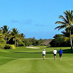 Caribbean Holidays, Puerto Rico Golf, Golfers walking along a lush Puerto Rico fairway beneath blue skies, with tropical vegetation and distant hills in the background
