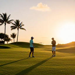 Caribbean Holidays, Puerto Rico Golf, Happy golfers relaxing at a Puerto Rico resort after a tropical August round, with palms and sunset light