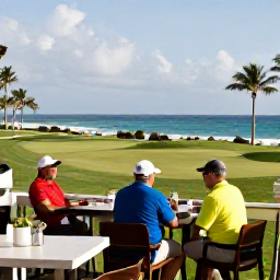 Caribbean Holidays, Puerto Rico Golf, Relaxed golfers enjoying a seaside restaurant terrace in Puerto Rico after a day on the course