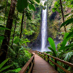 Caribbean Holidays, Puerto Rico Holidays, A lush El Yunque rainforest scene in Puerto Rico with a waterfall, tropical foliage and a wooden walking trail under soft sunlight