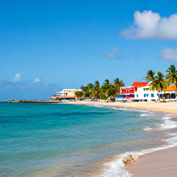 Caribbean Holidays, Puerto Rico Holidays, A sunny Puerto Rico beach with turquoise water, palm trees and colourful seaside buildings