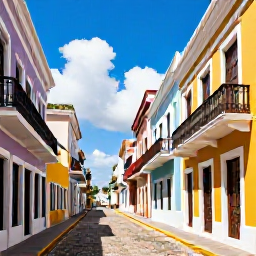 Caribbean Holidays, Puerto Rico Holidays, Colourful colonial buildings and cobbled streets in Old San Juan, Puerto Rico, under bright blue skies