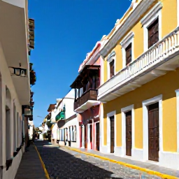 Caribbean Holidays, Puerto Rico Holidays, Colourful Old San Juan street in June, Spanish colonial buildings, balconies, cobbled pavement and bright Caribbean light