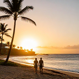 Caribbean Holidays, Puerto Rico Holidays, Couple walking along a Puerto Rico shoreline at sunset, with palm trees, gentle waves and warm evening light