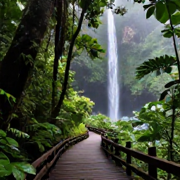 Caribbean Holidays, Puerto Rico Holidays, El Yunque rainforest in Puerto Rico with lush green foliage, a waterfall, wooden trail and misty tropical scenery
