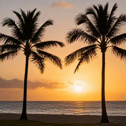 Caribbean Holidays, Puerto Rico Holidays, Golden Caribbean sunset over a Puerto Rico beach with silhouettes of palm trees and a peaceful evening holiday atmosphere