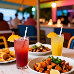 Caribbean Holidays, Puerto Rico Holidays, Outdoor Caribbean restaurant with local dishes, colourful drinks and friendly evening atmosphere in Puerto Rico